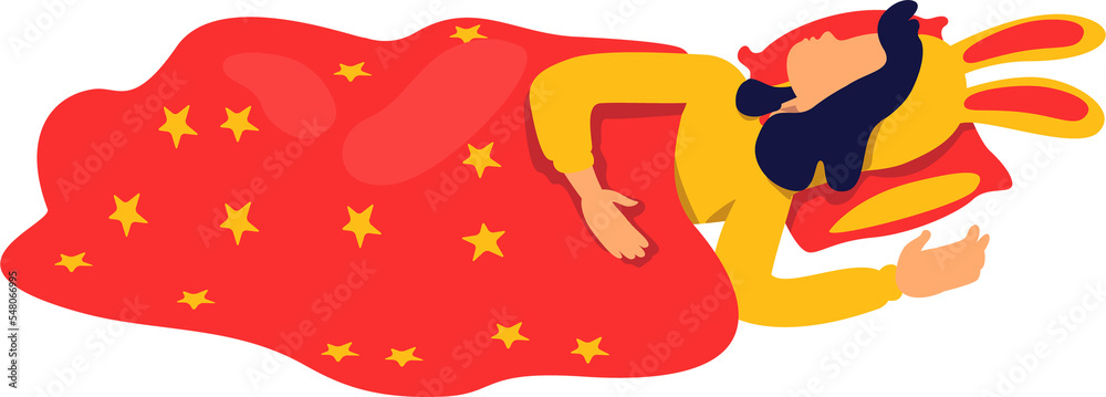 Little girl sleeping under star throw blanket semi flat color raster character. Lying figure. Full body person on white. Simple cartoon style illustration for web graphic design and animation Little girl sleeping under star throw blanket semi flat color raster character. Lying figure. Full body person on white. Simple cartoon style illustration for web graphic design and animation
