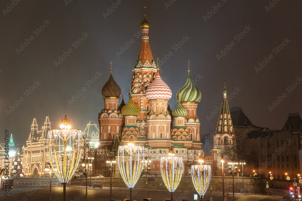 Moscow, Russia - December 30, 2020:  Cathedral of Vasily the Blessed Moscow before Christmas and New Year. Kremlin and Red Square, Moscow, Russia.