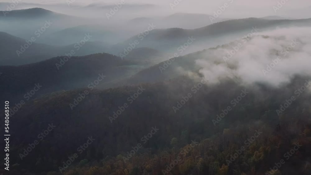 Autumn Forest Aerial Drone Flies Through Clouds Over Fall Treetops In Woods Autumn Forest Aerial Drone Flies Through Clouds Over Fall Treetops In Woods
