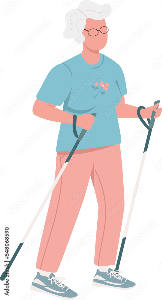 Old woman using poles in trail running races semi flat color raster character. Posing figure. Full body person on white. Simple cartoon style illustration for web graphic design and animation Old woman using poles in trail running races semi flat color raster character. Posing figure. Full body person on white. Simple cartoon style illustration for web graphic design and animation