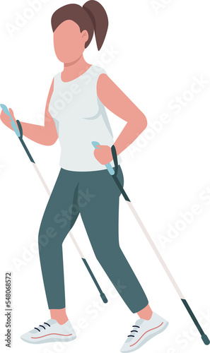 Woman using trekking poles in trail running semi flat color raster character. Running figure. Full body person on white. Simple cartoon style illustration for web graphic design and animation