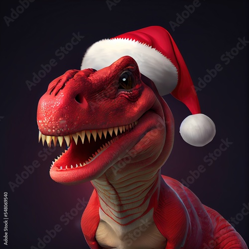 Christmas dinosaur in red Christmas hat on isolated background © AIGen