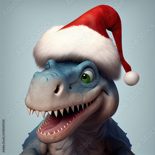 Christmas dinosaur in red Christmas hat on isolated background © AIGen