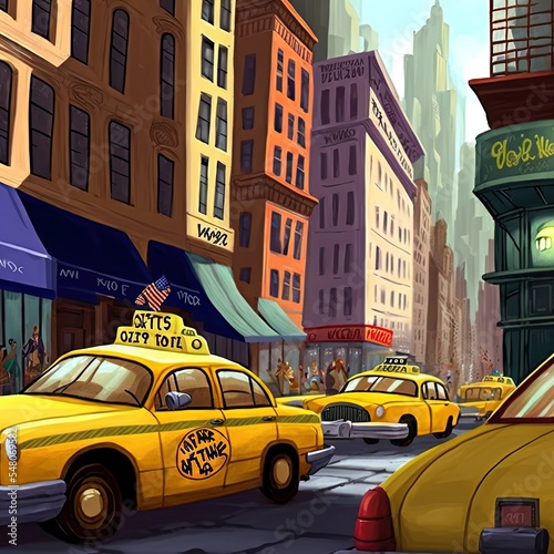 Yellow cabs cartoon style Fototapet