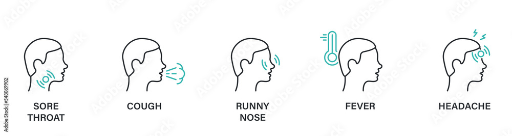 Headache, Fever, Runny Nose, Cough, Sore Throat Linear Icon. Symptoms of Virus Disease Color Line Icon. Covid Symptoms Outline Pictogram. Editable stroke. Isolated Vector illustration