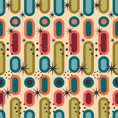 Aesthetic mid century printable seamless pattern with retro design. Decorative 50`s, 60's, 70's style Vintage modern background in minimalist mid century style for fabric, wallpaper or wrapping