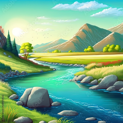 Summer landscape with river flowing into sea