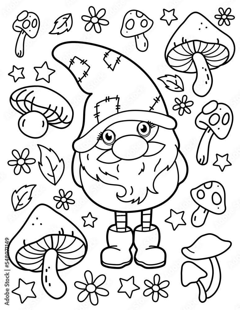 Cute gnome with mushrooms. Coloring book for children. Gnome coloring book. Black and white vector illustration.