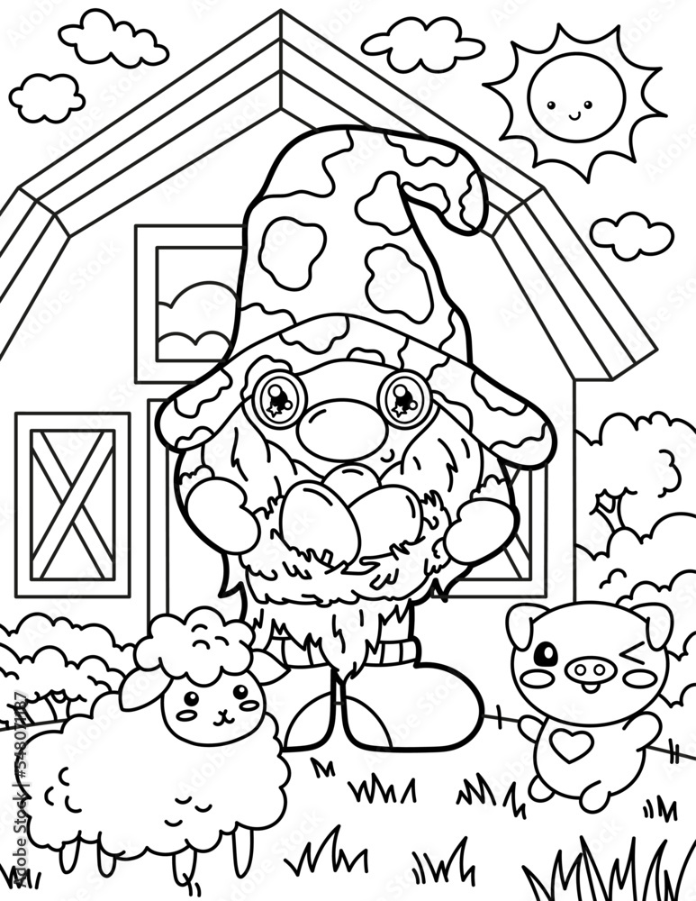 Gnome with pigs on the farm. Coloring book for children. Gnome coloring book. Black and white vector illustration.