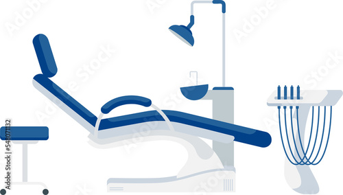 Dental chair and accessories semi flat color raster object. Full sized item on white. Equipment for dental professional simple cartoon style illustration for web graphic design and animation