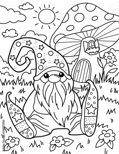 Cute gnome near the mushroom house. Coloring book for children. Gnome coloring book. Black and white vector illustration.