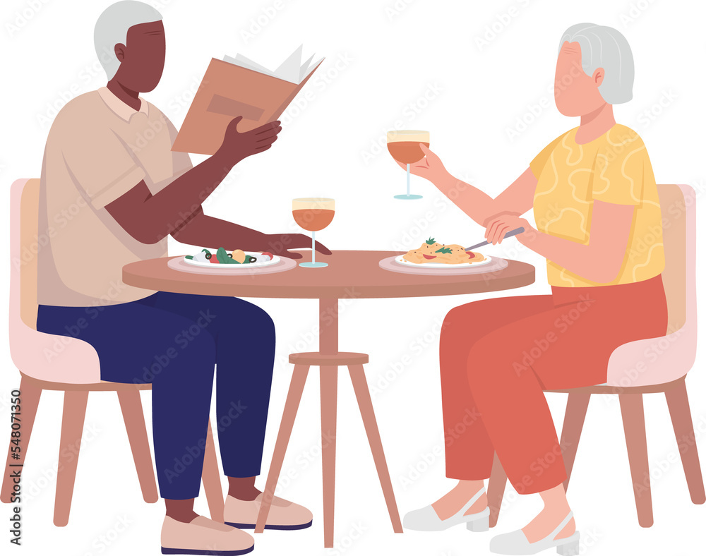 Elderly couple having dinner together semi flat color raster characters. Sitting figures. Full body people on white. Simple cartoon style illustration for web graphic design and animation Elderly couple having dinner together semi flat color raster characters. Sitting figures. Full body people on white. Simple cartoon style illustration for web graphic design and animation