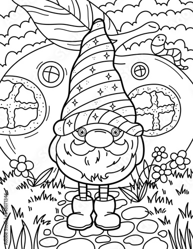 Cute gnome near the house with a cute worm. Coloring book for children. Gnome coloring book. Black and white vector illustration.