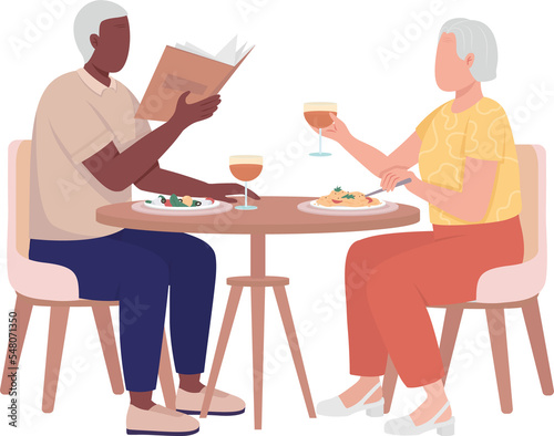 Elderly couple having dinner together semi flat color raster characters. Sitting figures. Full body people on white. Simple cartoon style illustration for web graphic design and animation