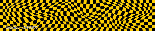 Psychedelic pattern with distorted black and orange squares. Checkered optical illusion. Warped chessboard background. Trippy checkerboard surface