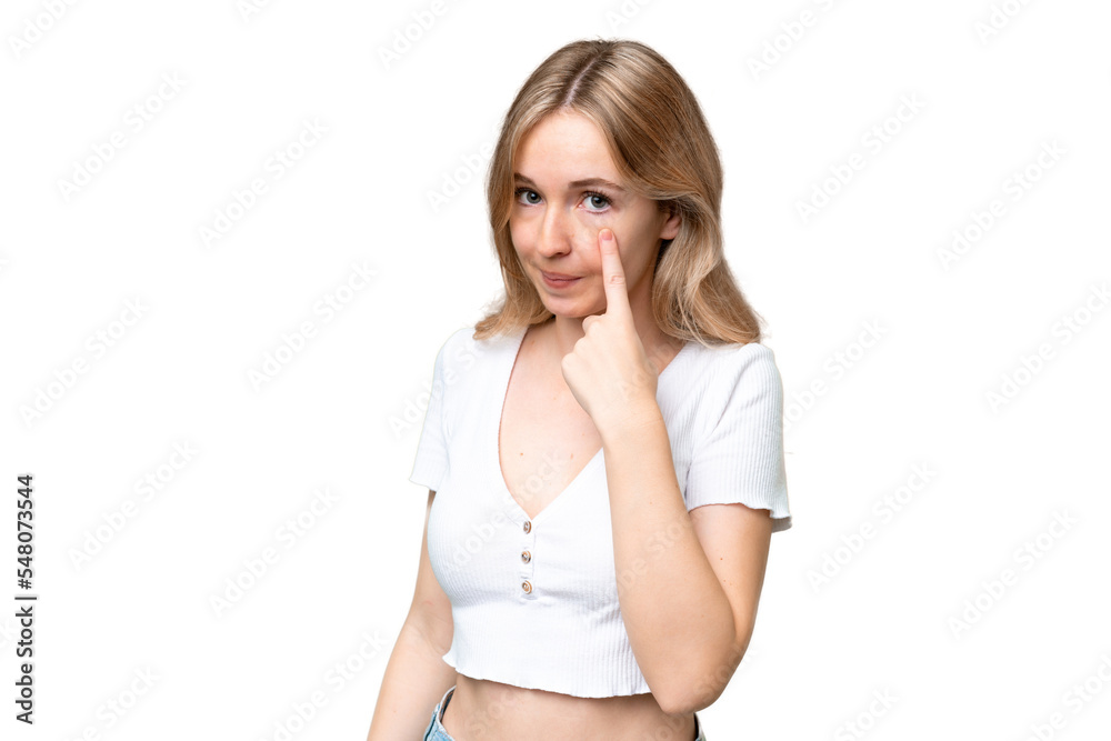 Young English woman over isolated background showing something Young English woman over isolated background showing something