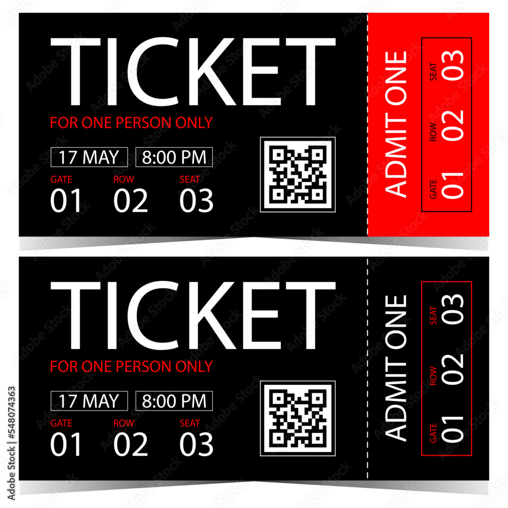 Ticket template design with QR code. Entrance ticket, coupon, talon or flyer with event date and
