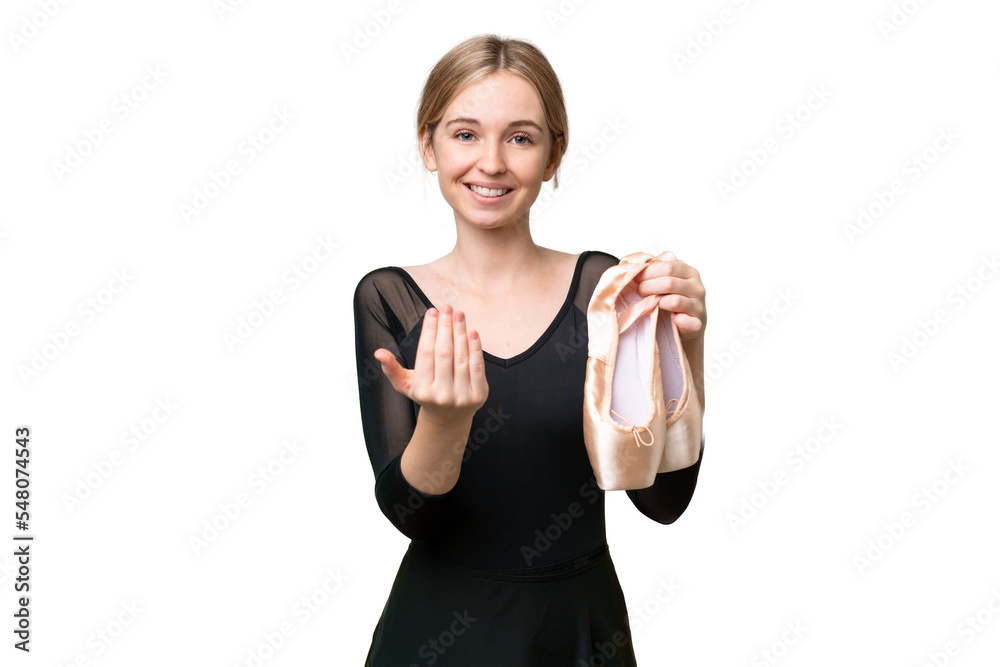 Young English woman practicing ballet over isolated background inviting to come with hand. Happy that you came Young English woman practicing ballet over isolated background inviting to come with hand. Happy that you came