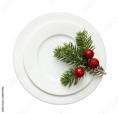 Christmas table setting. Fir decoration on white plate, transparent background, PNG