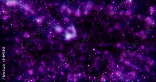 Purple and blue beautiful bright glowing shiny star particles flying in the galaxy in space energy magical with blur effect and bokeh. Abstract background, intro