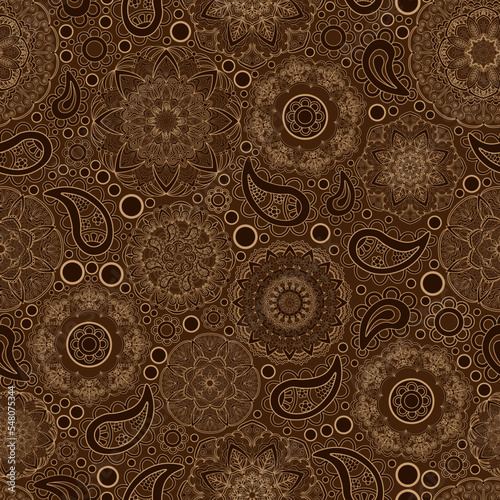 Seamless floral pattern, hand drawn, vector. Brown mandalas and paisley patterns, boho style, brown background.