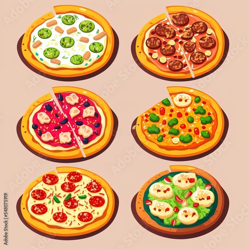 illustration of cartoon pizzas with different stuffing. flat illustration.