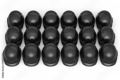 Set of safety helmets or hard caps for carpentry work in row on white background