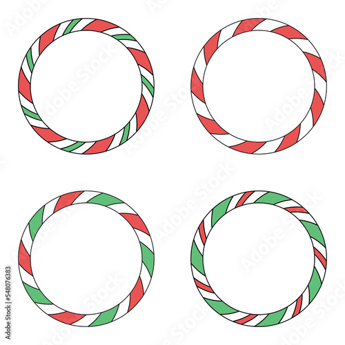 Christmas set of round frames with candy cane patterns. Vector elements isolated on white background.