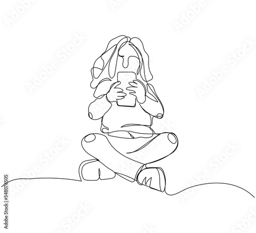 Little girl playing phone games one line art. Continuous line drawing of child, childhood, play, boy, girl, smartphone, kindergarten, problem, motherhood.