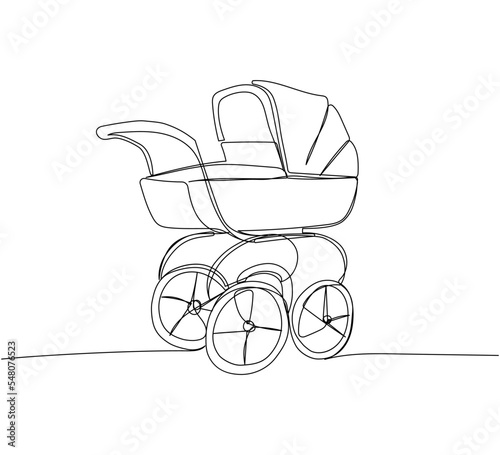 Pram in retro style one line art. Continuous line drawing of childhood, safety, protection, transportation, personal, classic style, for winter.