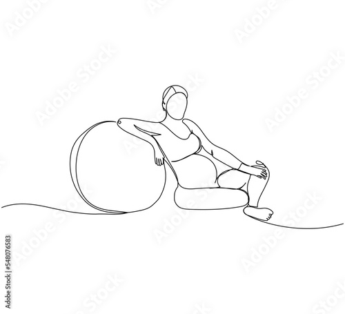 Pregnant woman with fitness ball one line art. Continuous line drawing of pregnancy, sports, motherhood, fitness, preparation for childbirth, sports before childbirth, relaxation.