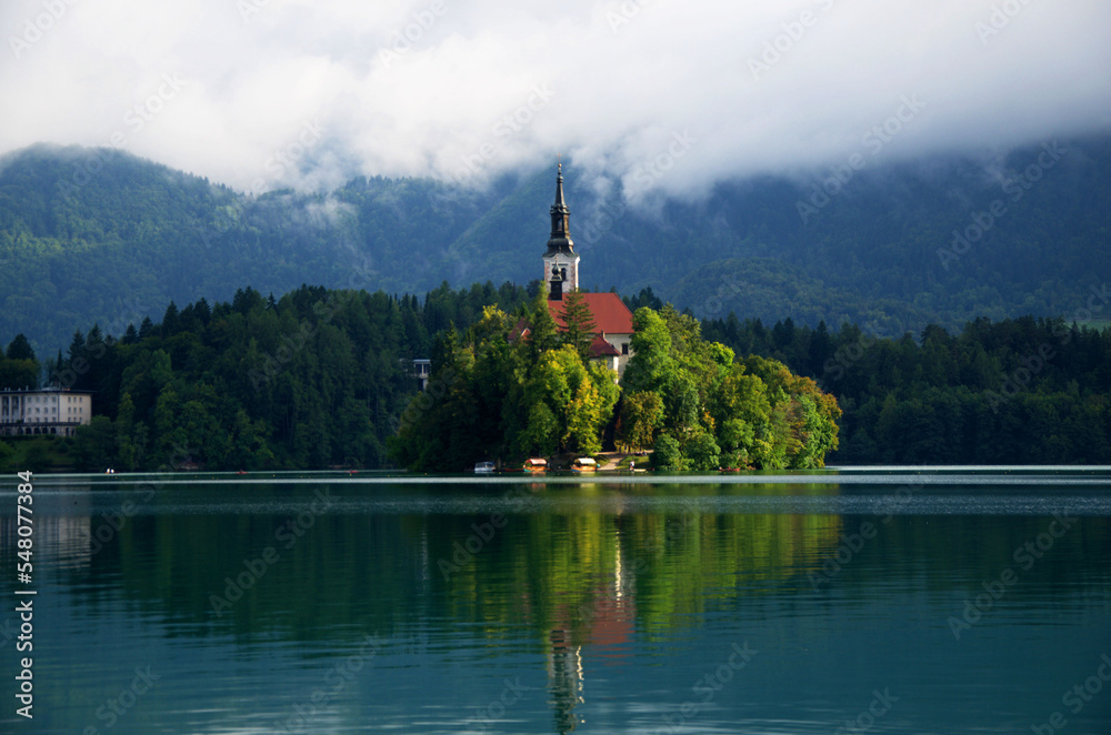 Bled, Slovenia - aerial view of the beautiful pilgrimage church of the Assumption of Mary on a small island in Lake Bledd