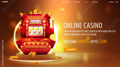 Online casino, orange banner with volumetric red slot machine on gold podium with yellow neon ring