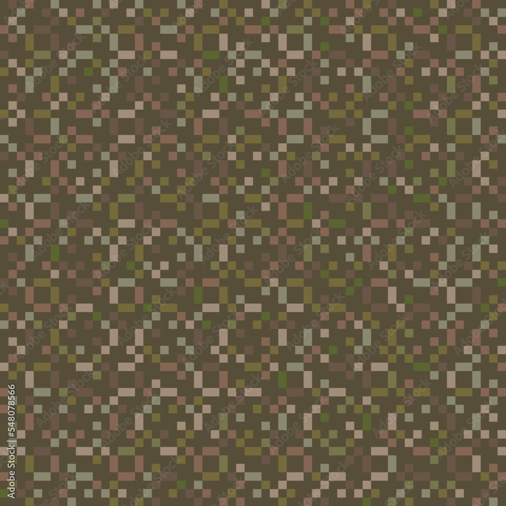 Fototapeta premium Seamless camouflage pattern. Vector camo texture. Abstract military background with small green, khaki, brown dots. Forest pixel background. Repeat design for fabric, textile, hunting, soldier uniform