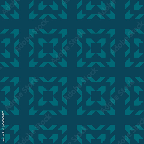 Vector geometric seamless pattern with tribal ethnic motif. Modern folk ornament. Simple abstract texture with grid, lattice, squares, floral shapes. Teal green color. Vintage style repeat background