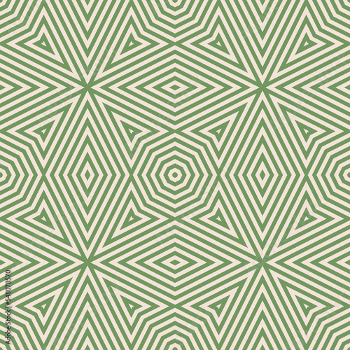 Vector geometric lines seamless pattern. Abstract background with stripes, lines, arrows, rhombuses, repeat tiles. Retro vintage style graphic texture. Green and beige color. Trendy creative design