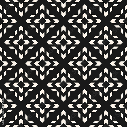 Vector geometric seamless pattern with tribal ethnic motif. Modern folk ornament. Simple abstract black and white texture with grid, floral shapes. Retro vintage style. Monochrome repeat background