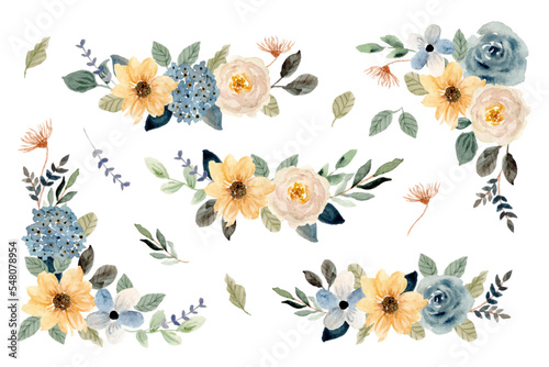 yellow blue floral border watercolor collection © wulano