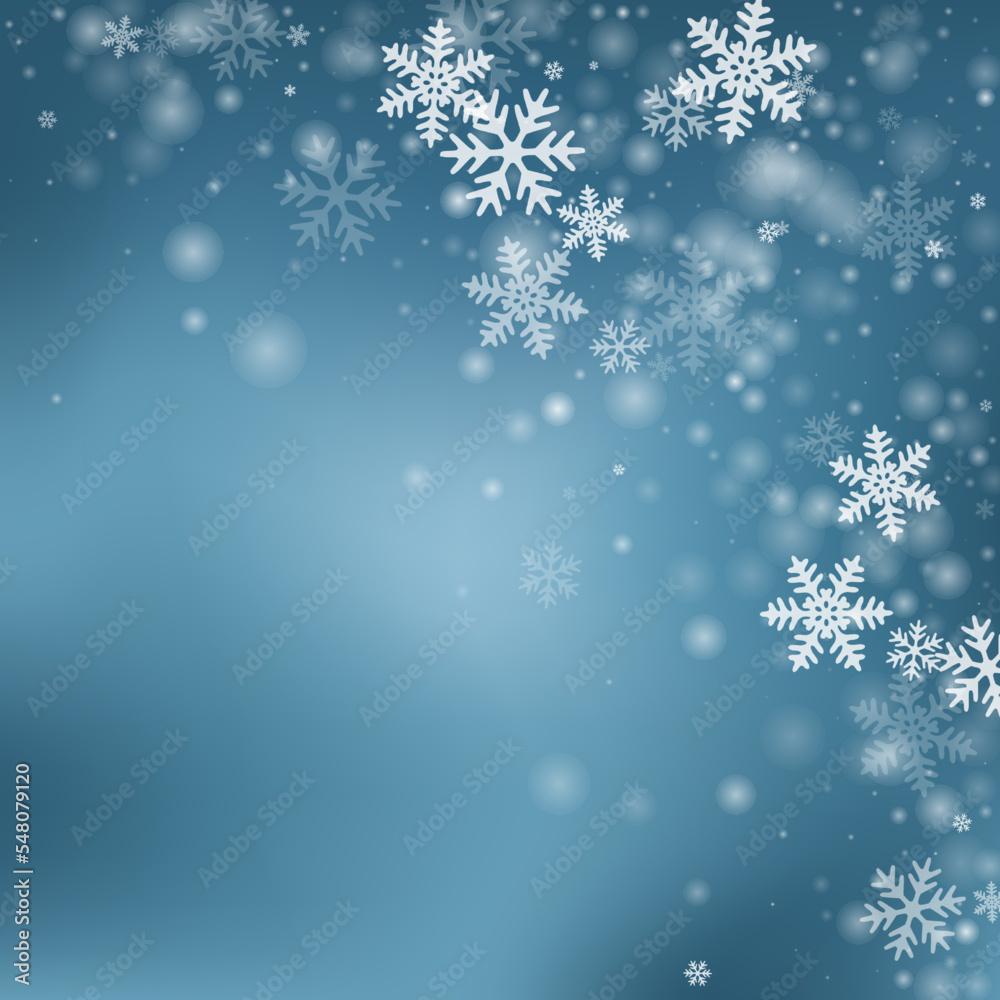 Cute falling snowflakes backdrop. Winter fleck freeze elements. Snowfall sky white teal blue illustration. Fuzzy snowflakes december vector. Snow nature landscape.