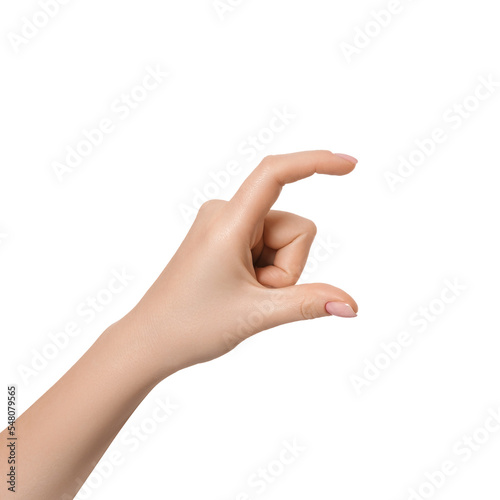 Female hand as if holding something or showing size, isolate empty hands. photo