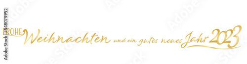 Text Frohe Weihnachten und ein gutes neues Jahr 2023 in Gold auf weißem Hintergrund.