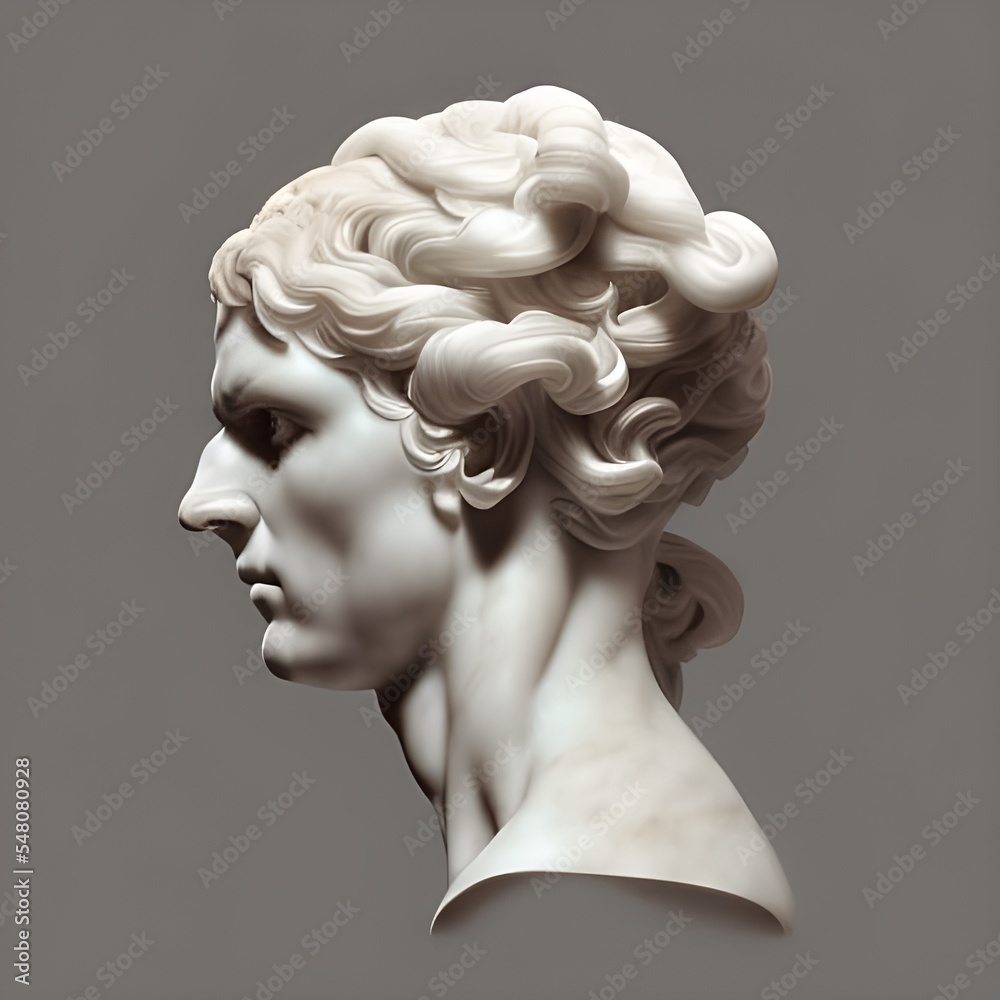 3D illustration featuring a white marble statue bust side profile of an ...