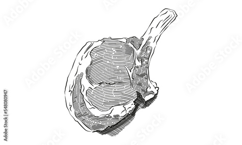 Prime rib vector drawing. Beef or lamb Red meat hand drawn sketch. Engraved raw food illustration. Vintage object. Butcher shop product. Great for label, restaurant menu.