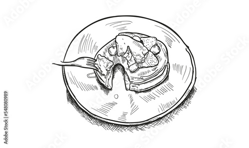 Vector vintage pancake drawing. Hand drawn monochrome food illustration. Great for menu, poster or label. Sketch of Pancakes with berries and honey.Healthy summer american breakfast