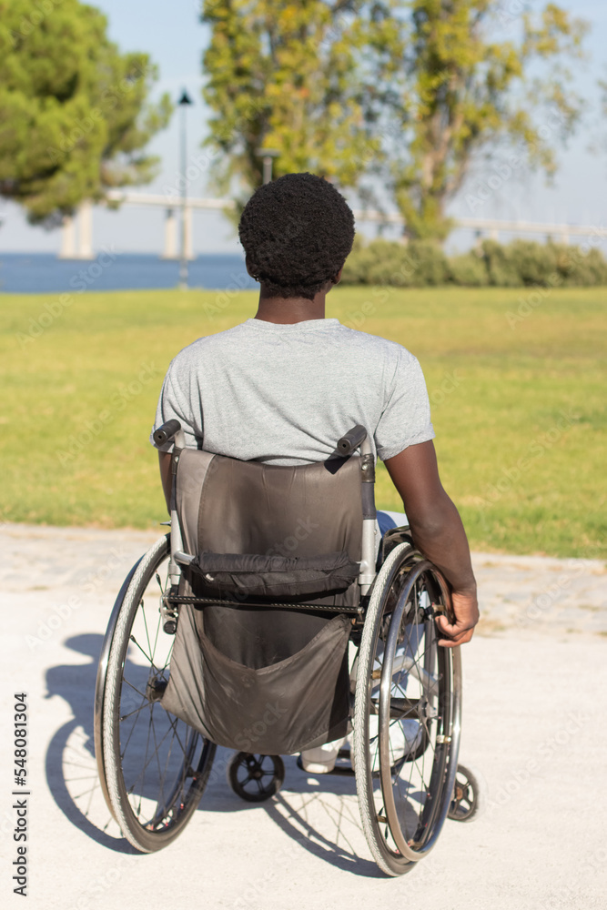 Back view of Black man in wheelchair enjoying sea view in background, spending time in city park alone on warm summer day. Trees, green lawn and sea bridge in background. Lifestyle, disability concept