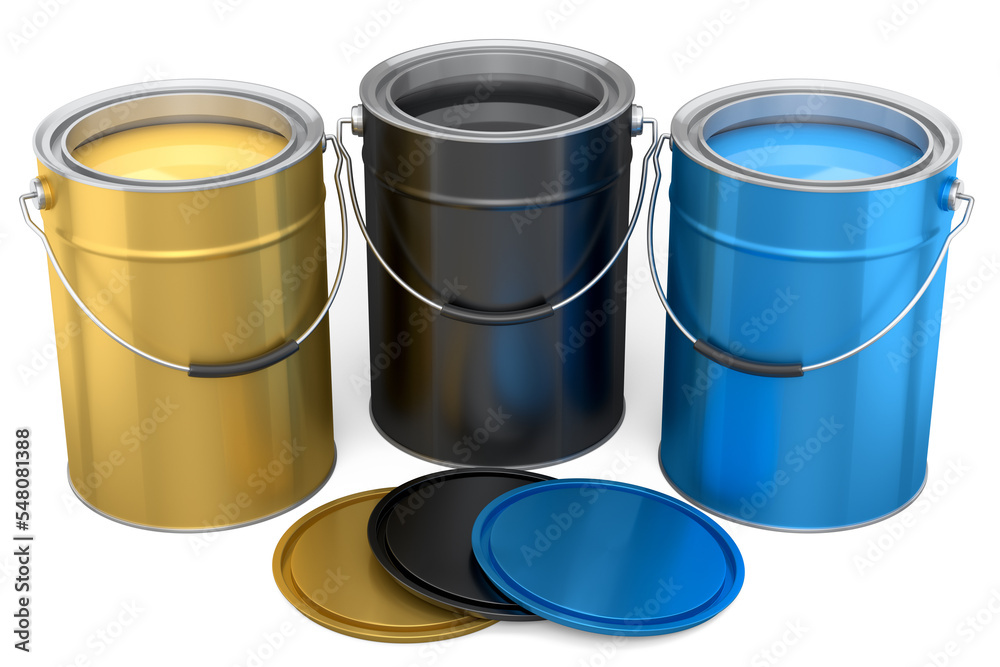 Set of open metal can or buckets of paint with handle on white background. Set of open metal can or buckets of paint with handle on white background.