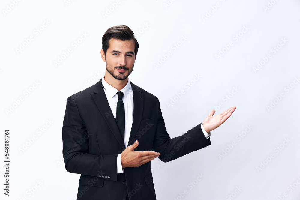 Portrait of man in expensive business suit smile with teeth happiness hands up thumbs up on white background isolated, copy place. Businessman startup technology Portrait of man in expensive business suit smile with teeth happiness hands up thumbs up on white background isolated, copy place. Businessman startup technology
