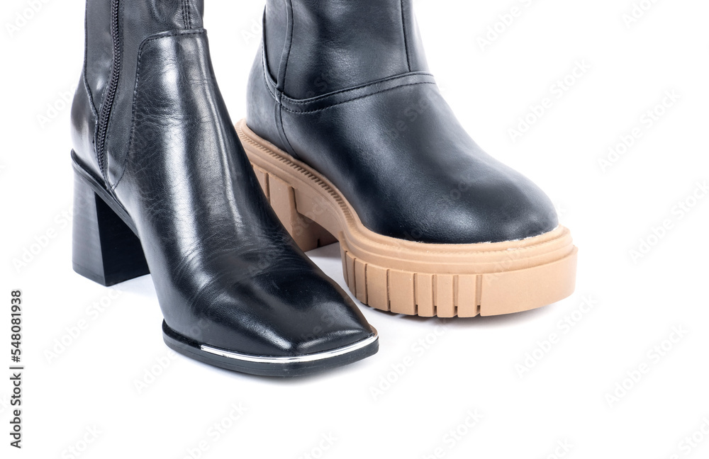New Black Leather Dressy Boot with Square Metal Toe Verses Casual Chunky Heel Boot With Round Toe and Made of Recycled Materials 