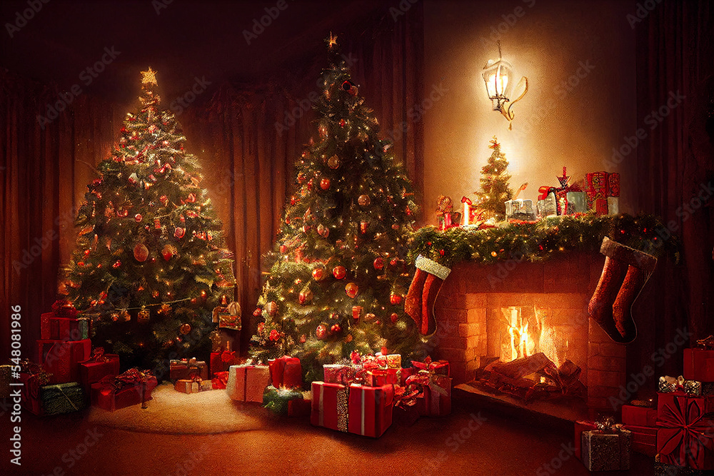 Christmas interior with magic glowing tree, fireplace and gifts in vintage style. Christmas and New Year holidays background.	