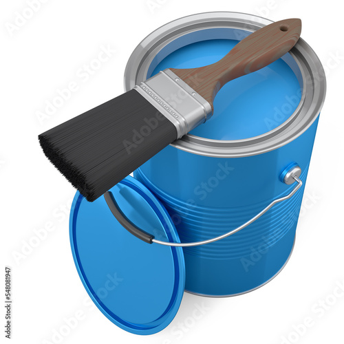 Open metal can or buckets with paint bristle brush on white background.